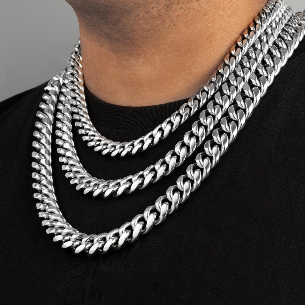 12mm 316L Stainless Steel Cuban Link Chain in White Gold
