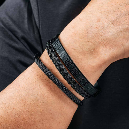 3Pcs Braid Steel Wire Open Bracelet with Roman Numbers Bracelet Set in Black Gold