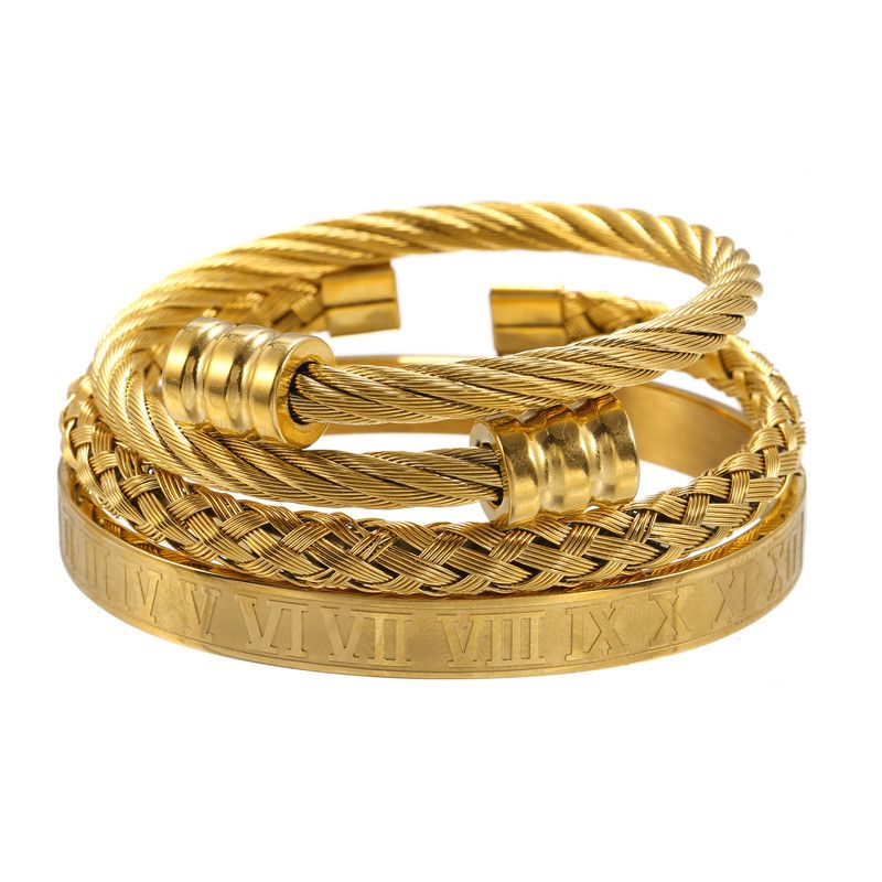 3Pcs Braid Steel Wire Open Bracelet with Roman Numbers Bracelet Set in Black Gold