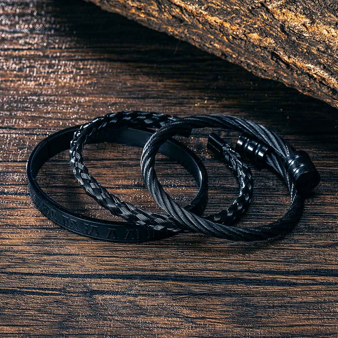 3Pcs Braid Steel Wire Open Bracelet with Roman Numbers Bracelet Set in Black Gold