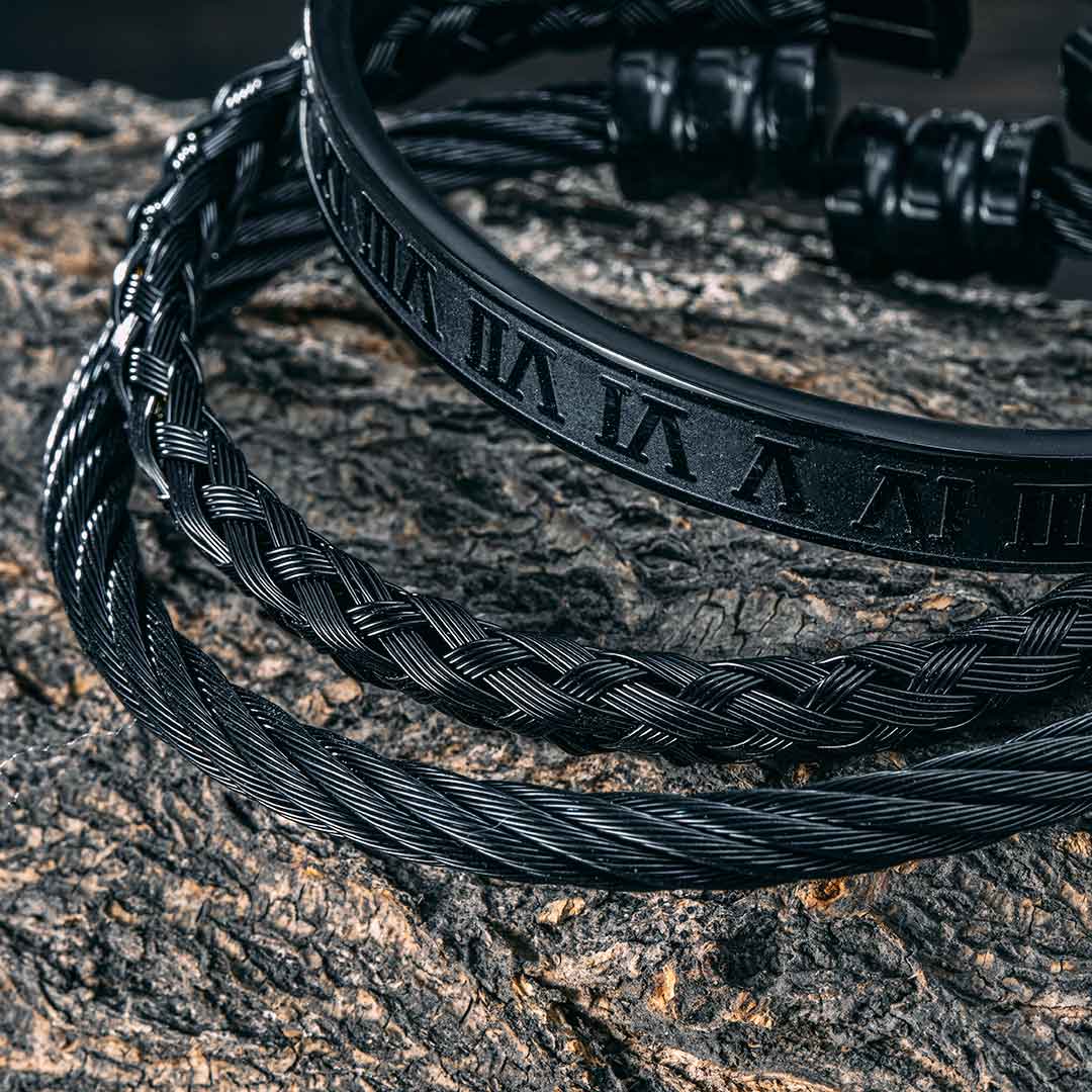 3Pcs Braid Steel Wire Open Bracelet with Roman Numbers Bracelet Set in Black Gold