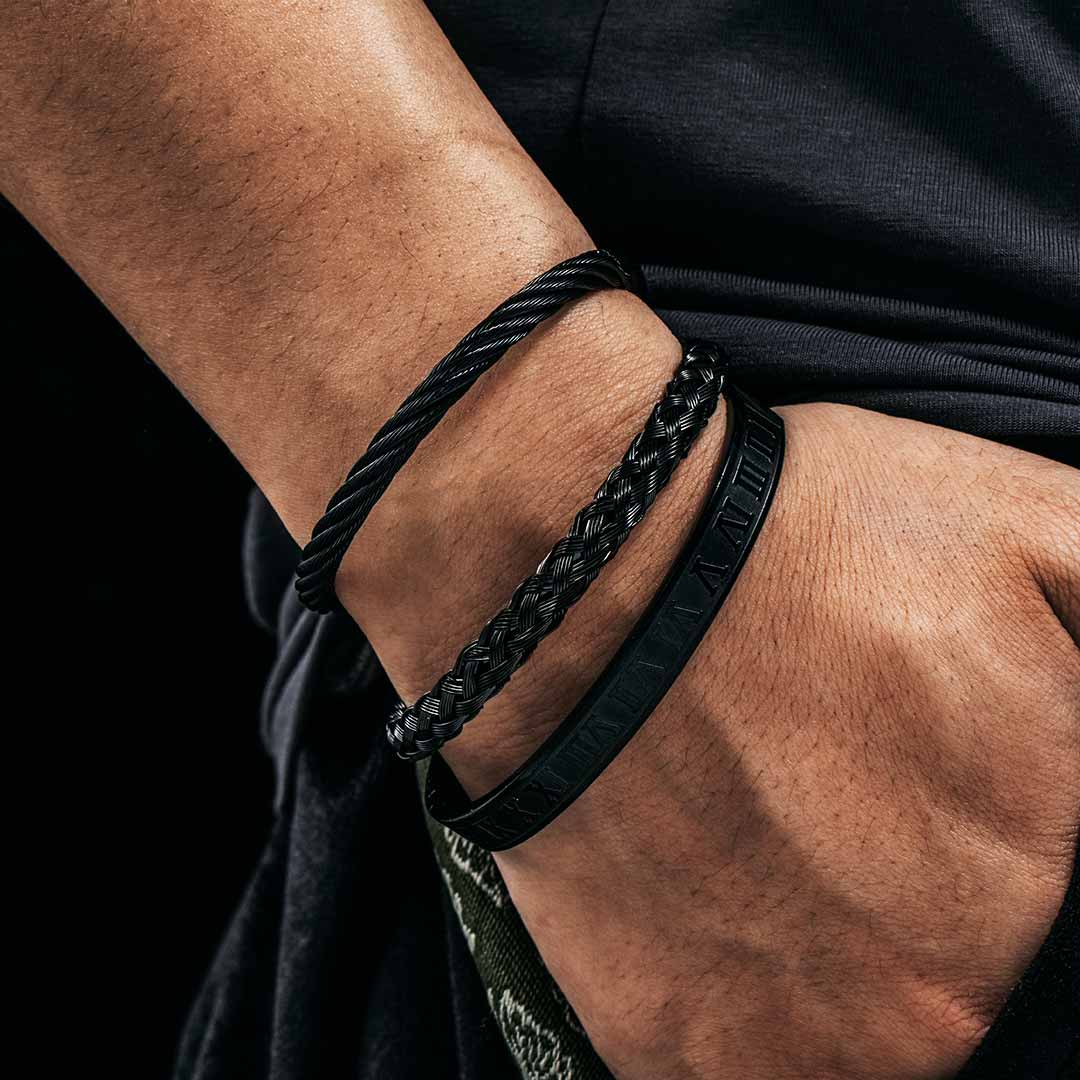 3Pcs Braid Steel Wire Open Bracelet with Roman Numbers Bracelet Set in Black Gold