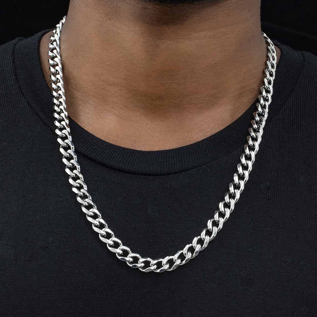 9mm Stainless Steel Cuban Chain in White Gold