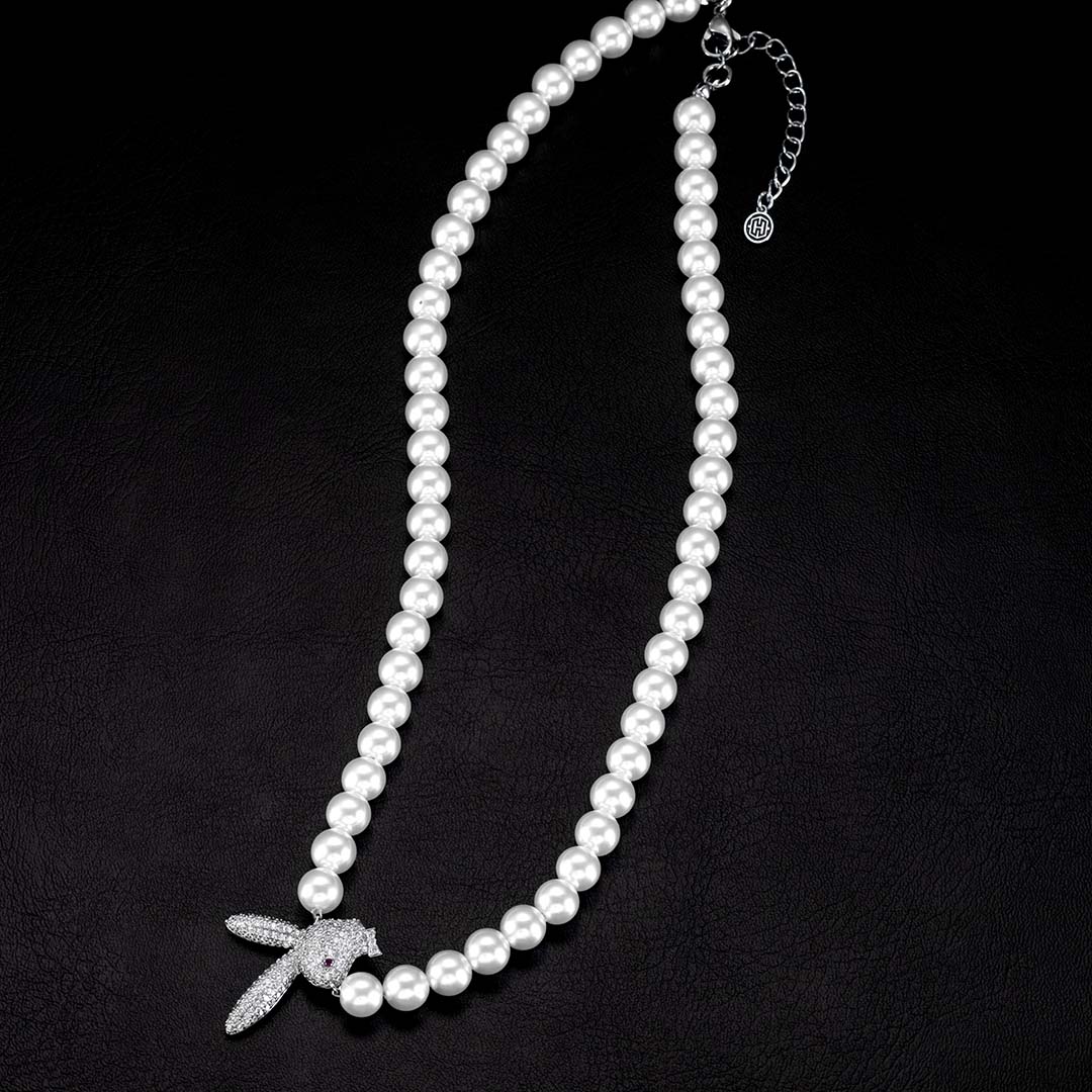 Iced Upside Down Bunny Pearl Necklace