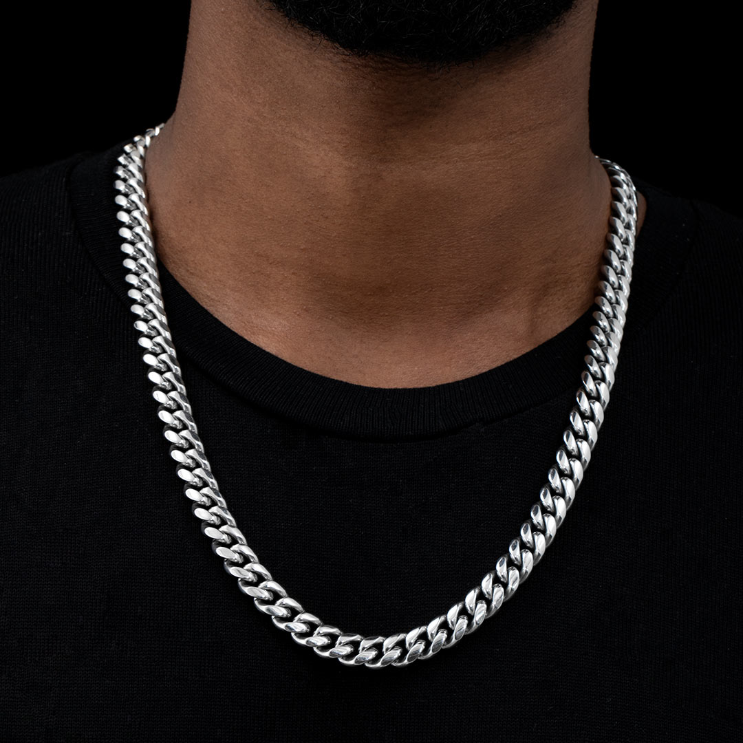 10mm 316L Stainless Steel Cuban Link Chain in White Gold