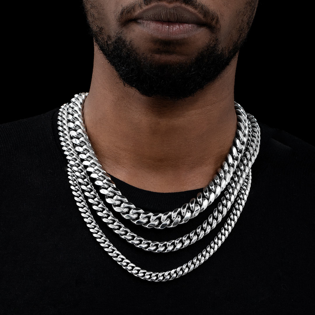 10mm 316L Stainless Steel Cuban Link Chain in White Gold