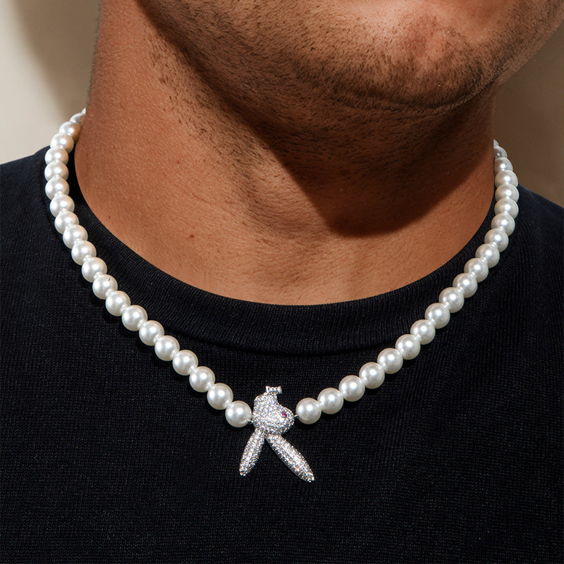 Iced Upside Down Bunny Pearl Necklace