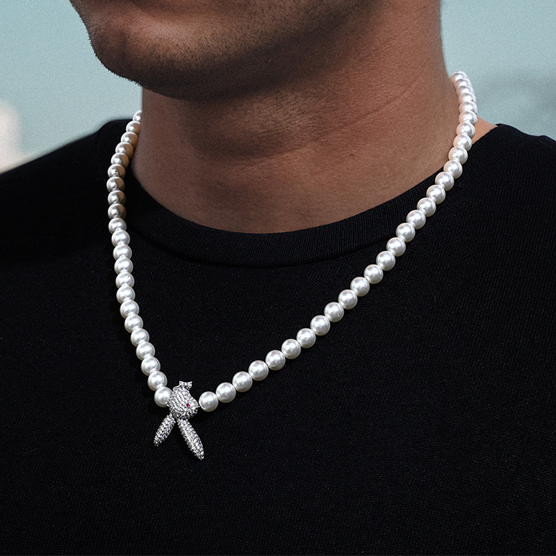 Iced Upside Down Bunny Pearl Necklace