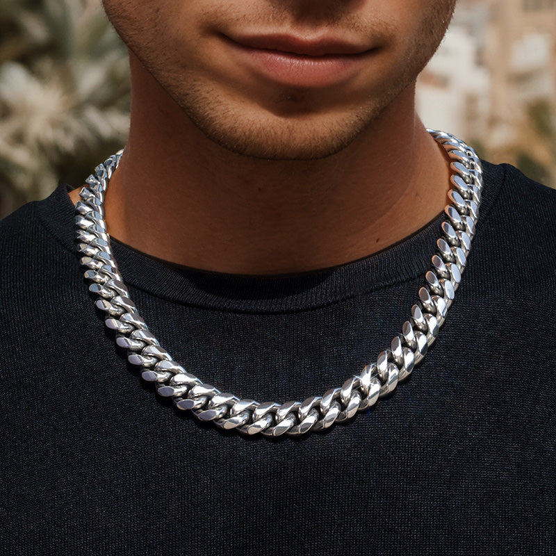 10mm 316L Stainless Steel Cuban Link Chain in White Gold