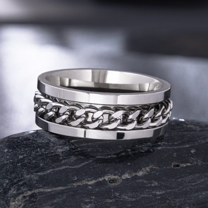 Men's Titanium Steel Silver Chain Rotating Ring