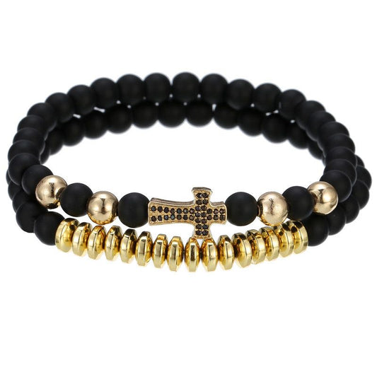2Pcs Black Frosted & Copper Beads Cross Bracelet
