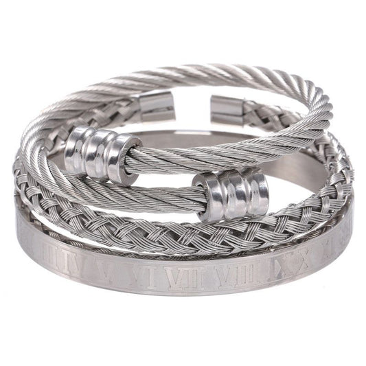 3Pcs Braid Steel Wire Open Bracelet with Roman Numbers Bracelet Set in Black Gold