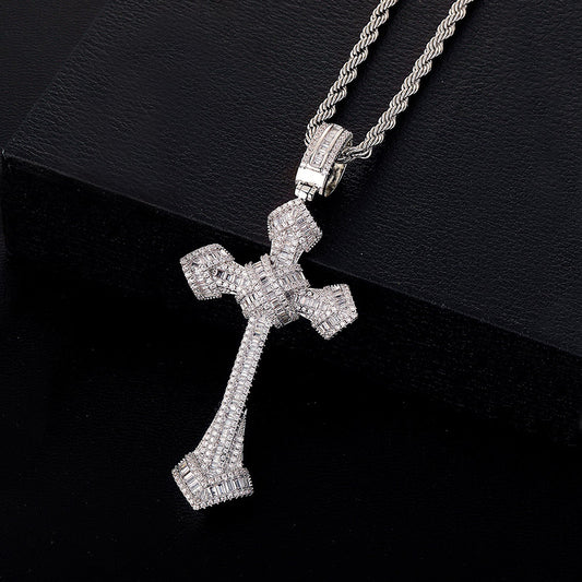 Iced Baguette Diamond Cross Pendant in White Gold