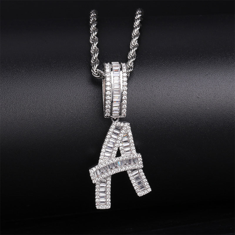 Iced Baguette Letters Pendant in White Gold