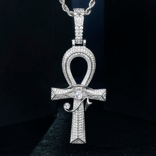 Iced Eye of Horus Ankh Pendant in White Gold