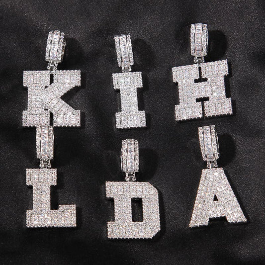 Baguette A to Z Initials Letters Pendants in White Gold
