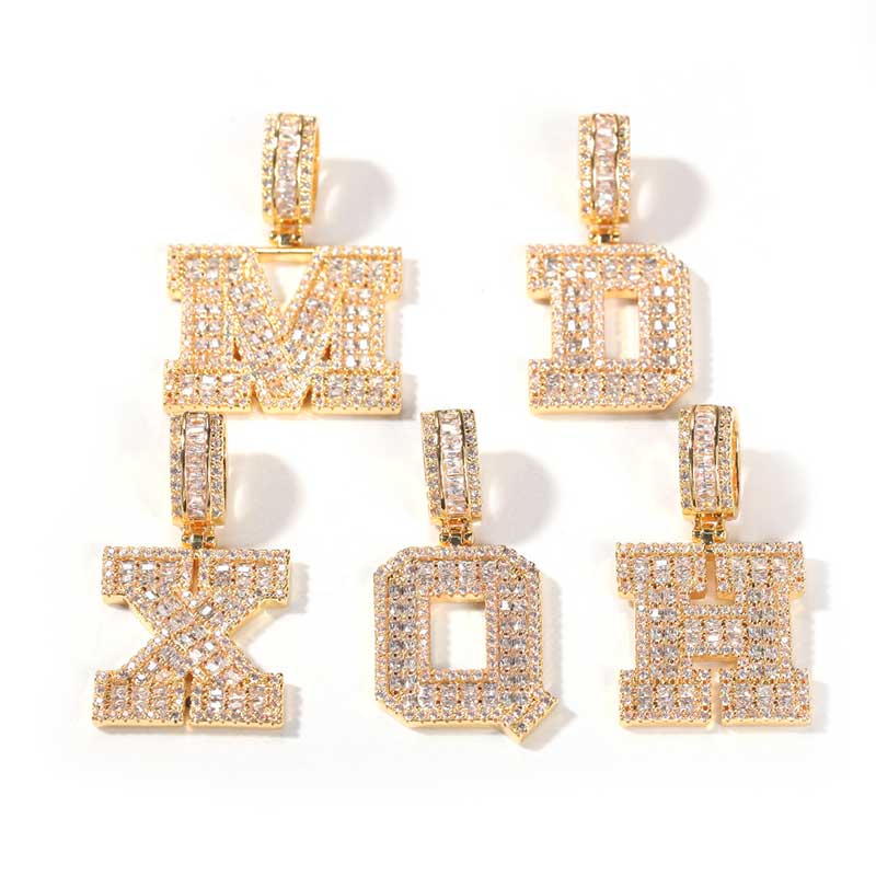 Baguette A to Z Initials Letters Pendants in Gold