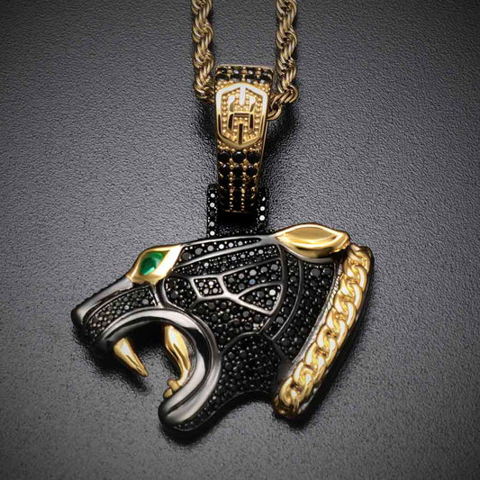 Iced Black Panther Head Pendant in Black Gold