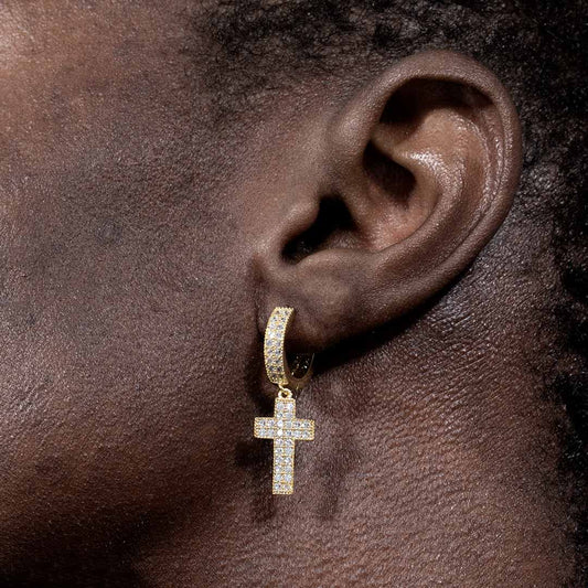 Iced Double Rows Cross Earring in Gold