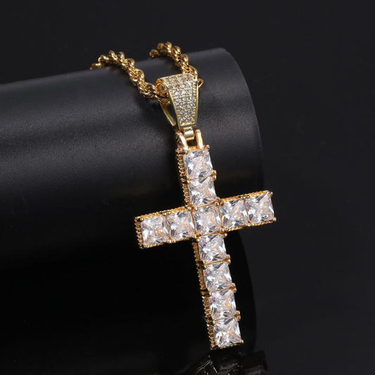 Iced Princess Cut Cross Pendant in Gold