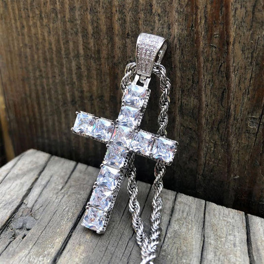 Iced Princess Cut Cross Pendant in White Gold
