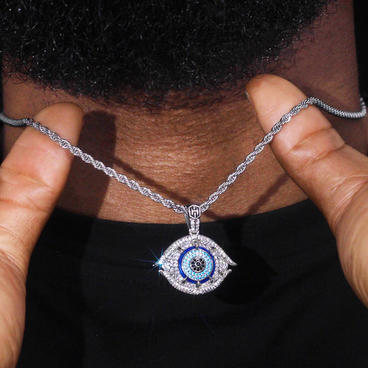Iced Greek Evil Eye Talisman Pendant in White Gold