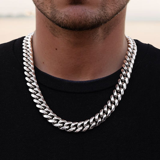 12mm 316L Stainless Steel Cuban Link Chain in White Gold