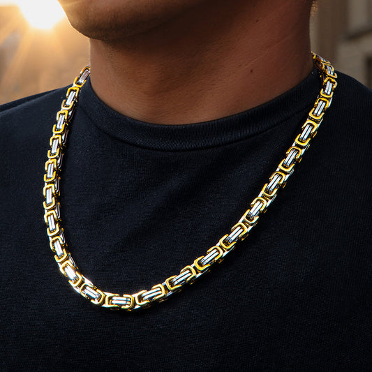 8mm Gold & Silver Titanium Steel Byzantine Chain
