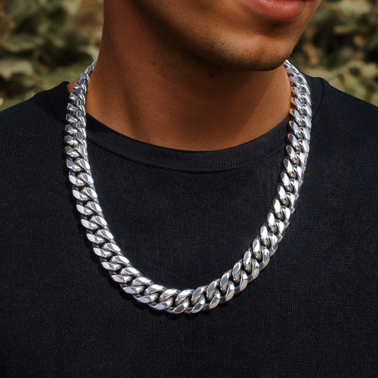 14mm 316L Stainless Steel Cuban Link Chain in White Gold