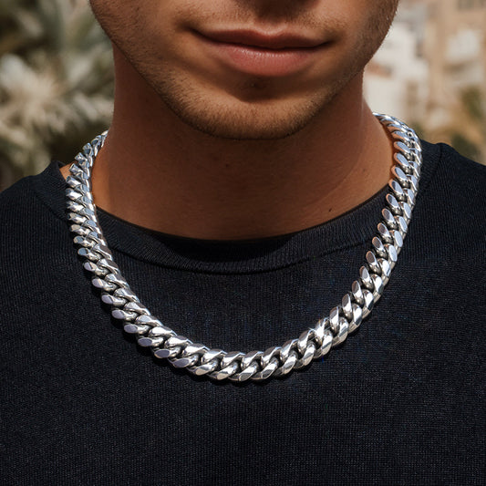 10mm 316L Stainless Steel Cuban Link Chain in White Gold
