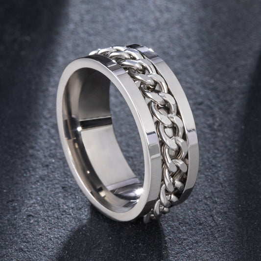Men's Titanium Steel Silver Chain Rotating Ring