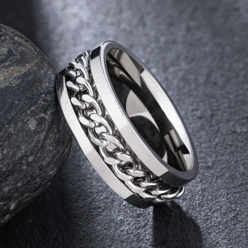Men's Titanium Steel Silver Chain Rotating Ring