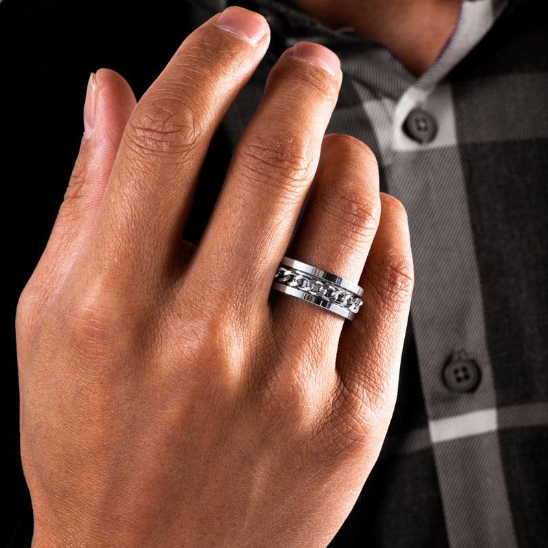 Men's Titanium Steel Silver Chain Rotating Ring