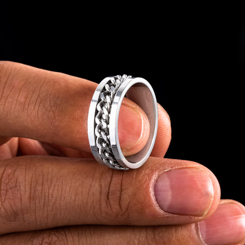Men's Titanium Steel Silver Chain Rotating Ring
