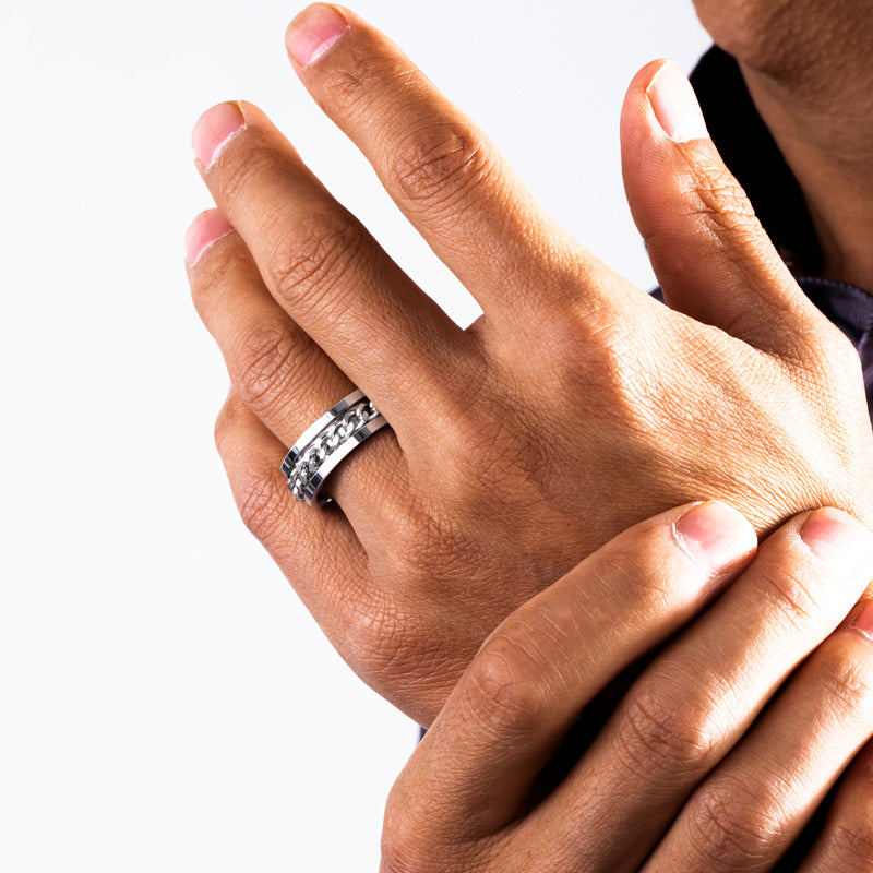 Men's Titanium Steel Silver Chain Rotating Ring