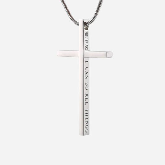 4:13 "I CAN DO ALL THINGS" Steel Cross Pendant in White Gold